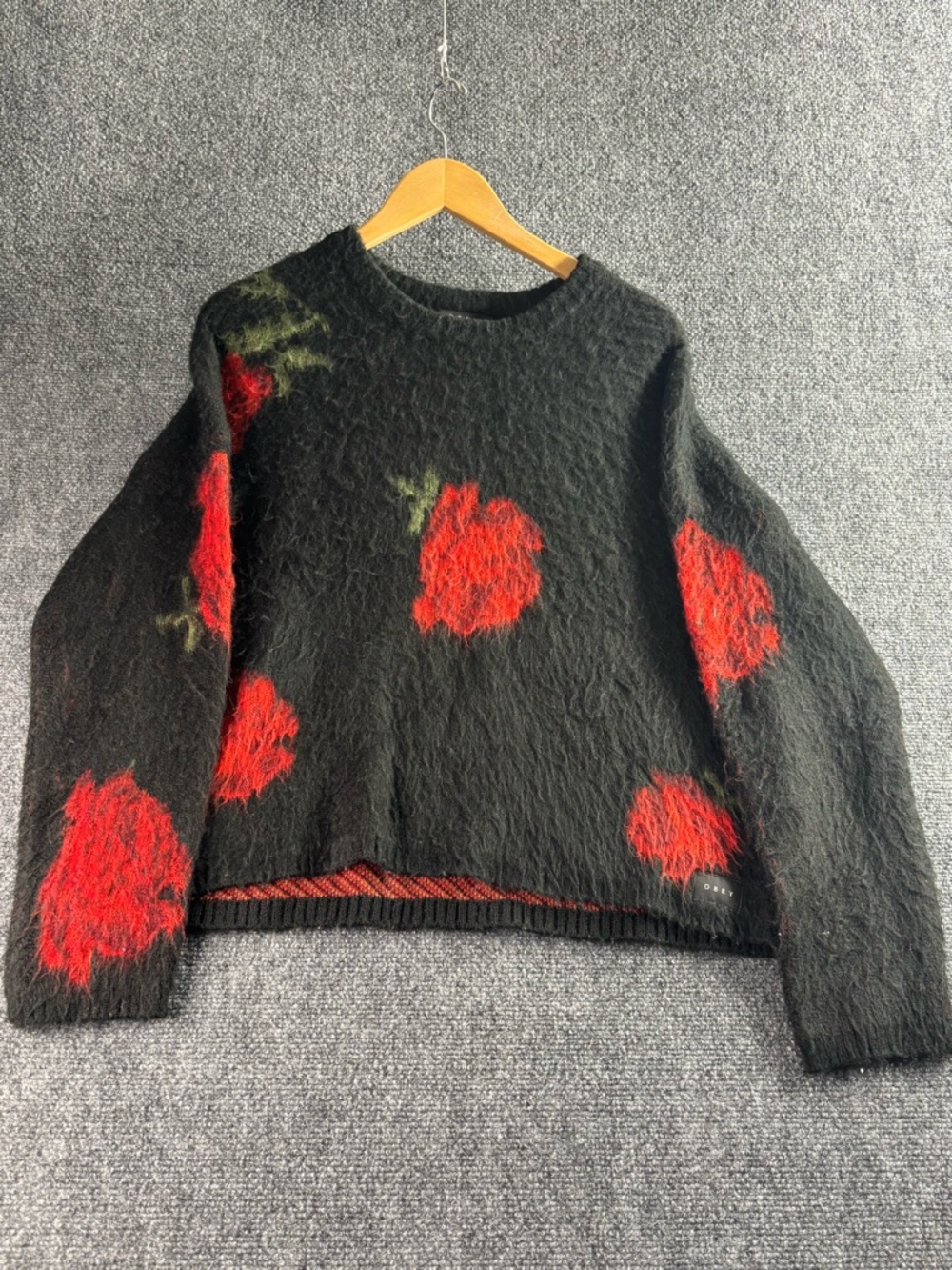 Obey Lg Women’s Black Sweater with Red Floral Accents size s
